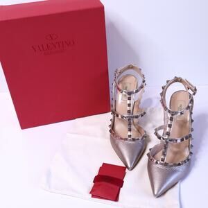 VALENTINO GARAVANI Rockstud Metallic Pumps Iron Ankle Strap Women's 41.5/US 11.5